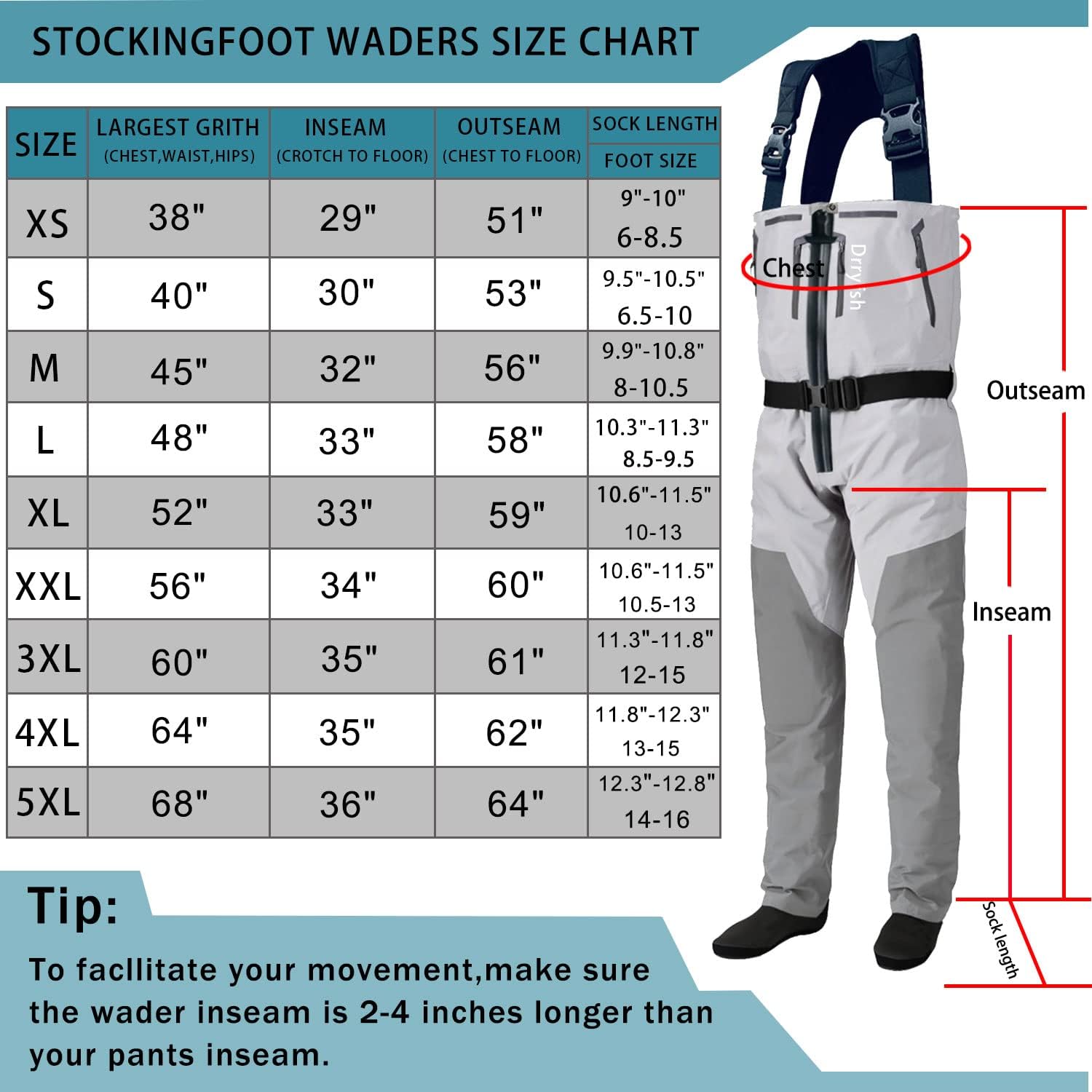 透气带拉链钓鱼裤尺寸表